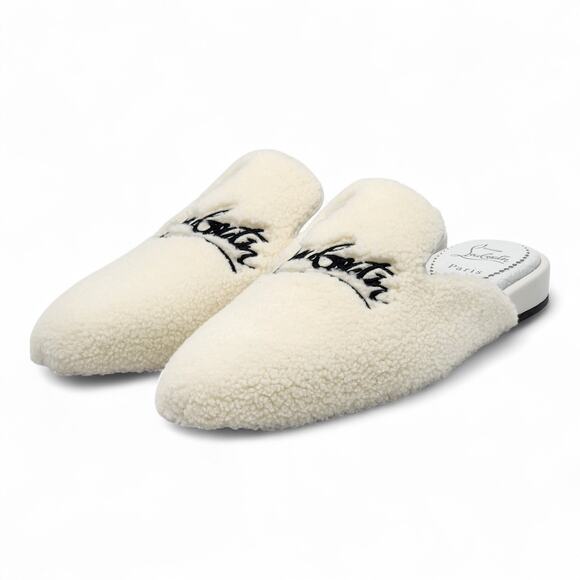 Christian Louboutin Navy Coolito Donna Flat White Boa Logo Mules EU 38 US 8 - Picture 2 of 8